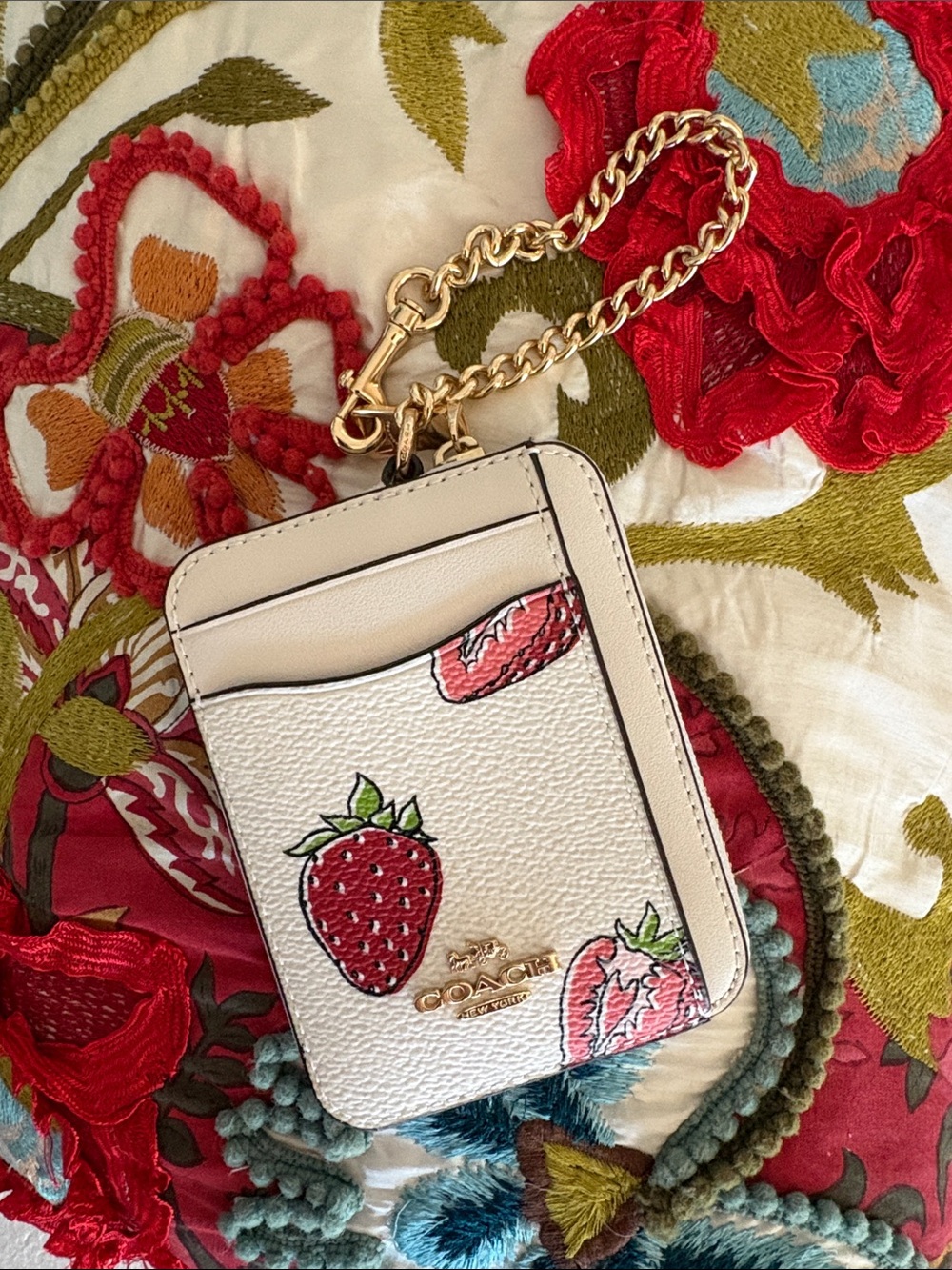 Coach CAR32 Cream and Red Strawberry Card Case with Gold Chain NWOT